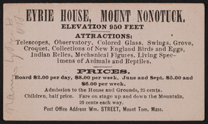 Trade card for the Eyrie House, Mount Nonotuck, Mass., undated