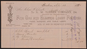 Billhead for the N.W. Turner Company, importers and manufacturers of fine gas and electric light fixtures, Nos. 27 and 29 Bromfield Street, Boston, Mass., dated April 22, 1890