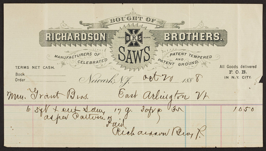 Billhead for Richardson Brothers, saws, Newark, New Jersey, dated October 20, 1888