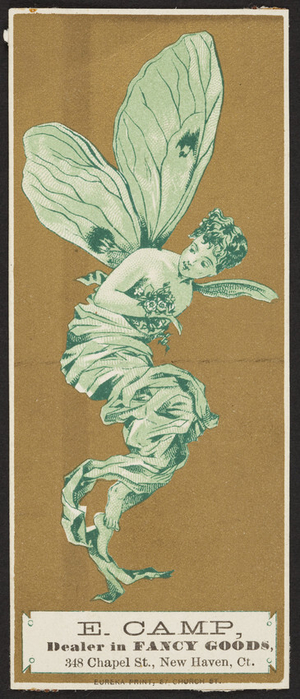 Trade card for E. Camp, dealer in fancy goods, 348 Chapel Street, New Haven, Connecticut, undated