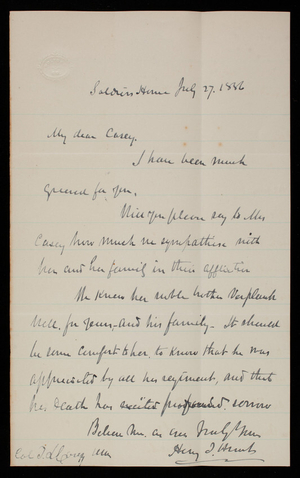 Henry J. Hunt to Thomas Lincoln Casey, July 27, 1886