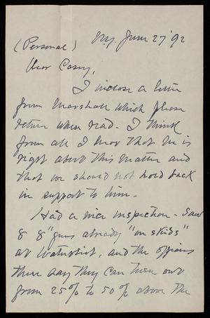 Henry L. Abbot to Thomas Lincoln Casey, June 27, 1892