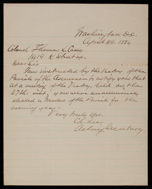 Charles Lee to Thomas Lincoln Casey, April 29, 1886
