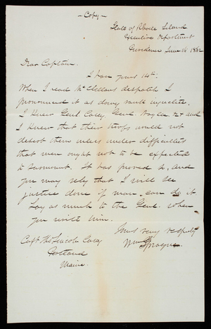 William Sprague IV to Thomas Lincoln Casey, June 16, 1862, copy