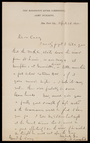 [Cyrus] B. Comstock to Thomas Lincoln Casey, April 28, 1892