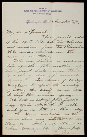 [Bernard R.] Green to Thomas Lincoln Casey, August 15, 1890