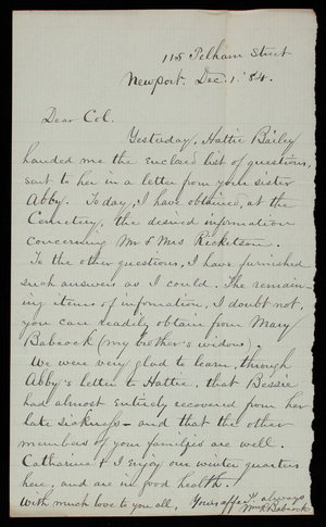 [William] R. Babcock to Thomas Lincoln Casey, December 1, 1884