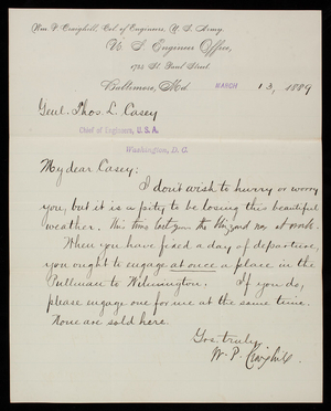 [William P.] Craighill to Thomas Lincoln Casey, March 13, 1889