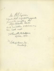 Letter from Benjamin Smith Lyman to Lathrop Brown, Secretary of the Alpha Delta Phi Club