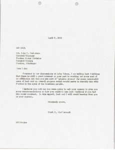 Letter from Mark H. McCormack to John Z. De Lorean