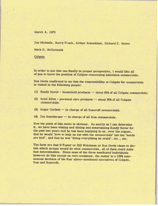 Memorandum from Mark H. McCormack to Jay Michaels, Barry Frank, Arthur Rosenblum, and Richard E. Moore