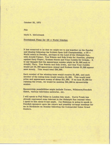 Memorandum from Mark H. McCormack concerning provisional plans for U.S. vs. World matches.