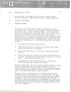 Memorandum from Mark H. McCormack to Barry Frank, Ian Todd, Eric Drossart, Peter Smith, H. Kent Stanner, Robert Kain and H. Richard Isaacson