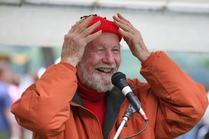 Pete Seeger wearing a Strawberry Festival cap