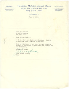 Letter from Bishop John Hurst to W. E. B. Du Bois