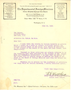 Letter from A . M. E. Zion Church to W. E. B. Du Bois