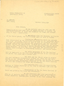 Circular letter from International Union of Students to W. E. B. Du Bois