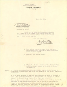 Questionnaire from Tuskegee Normal and Industrial Institute to W. E. B. Du Bois