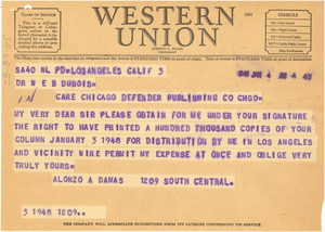 Telegram from Alonzo A. Damas to W. E. B. Du Bois