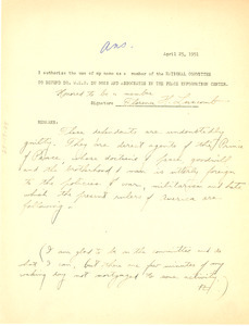 Form letter from Florence H. Luscomb to National Committee to Defend Dr. W. E. B. Du Bois and Associates in the Peace Information Center