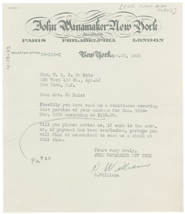 Letter from John Wanamaker to W. E. B. Du Bois