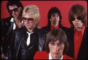 The Cars, photo shoot for Candy-O: (from left) Ric Ocasek, Benjamin Orr, Greg Hawkes, David Robinson, and Elliot Easton