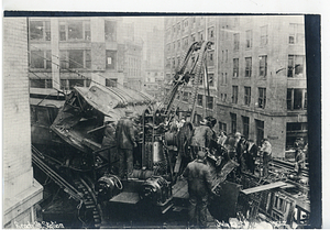 Beach Street Station accident, view from tracks of cars and crane