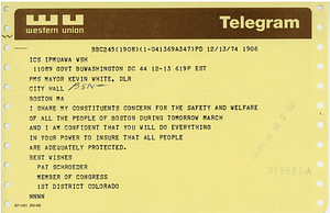 Telegram from United States Congresswoman Pat Schroeder to Mayor Kevin H. White