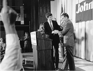 Mayor Raymond L. Flynn and Senate candidate John Kerry at the podium during a Senate election event