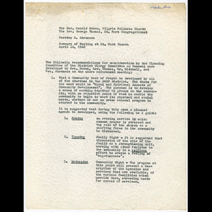 Memorandum from Dorothy Abramson to Reverend Arnold Brown and Reverend George Thomas concerning St. Mark Church meeting held April 16, 1962