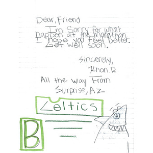 Letter of sympathy from a student at Rancho Gabriella Elementary School (Surprise, Arizona)