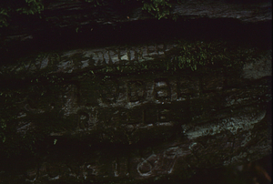 Old graffiti in the Snow Hole 14 June 1986. Petersburg, NY.