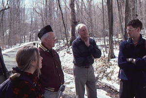 Norman E. Borlaug field trip to the Hopkins Memorial Forest. 6. Left to right: Permanent Plotters Dawn Biehler (Class of 1997), Norman E. Borlaug (U MN, Class of 1937), Borlaug biographer Noel Vietmeyer, and Tim Billo (Class of 1997).