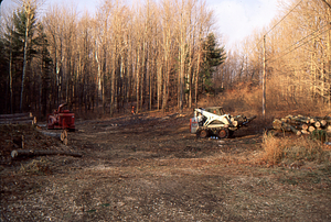 Clearing of old USFS poplar plantation to create old field research site. 2. Moving logs to Northwest Hill Road.