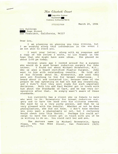 Correspondence from Kim Stuart to Lou Sullivan (March 20, 1986)