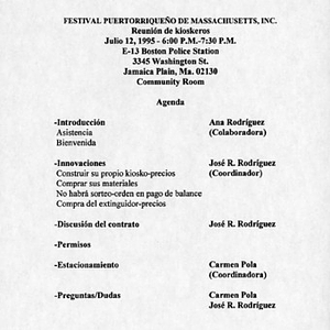 Agenda from Festival Puertorriqueño de Massachusetts, Inc. kiosks meeting on July 12, 1995