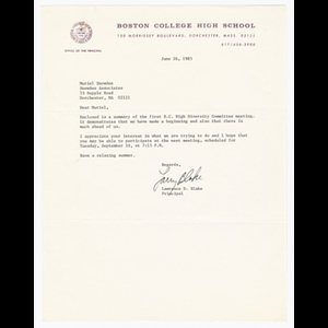 Letter from Lawrence D. Blake to Muriel Snowden about Boston College High School Diversity Committee meeting and next meeting on September 10, 1985