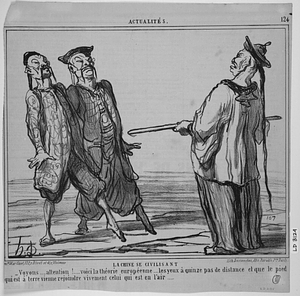 La CHINE SE CIVILISANT. - Voyons...., attention!..... voici la théorie européenne.... les yeux à quinze pas de distance et que le pied qui est à terre vienne rejoindre vivement celui qui est en l'air.....