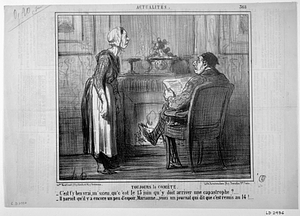 TOUJOURS LA COMÈTE. - C'est t'y ben vrai, m'ssieu, qu' c'est le 13 juin qu'y doit arriver une catastrophe?.... - Il paraît qu'il y a encore un peu d'espoir, Marianne..., voici un journal qui dit que c'est remis au 14!....