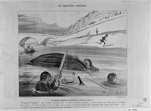 Une NOUVELLE MANIÈRE DE DESCENDRE LE FLEUVE DE LA VIE. - Brigand de Radiguet!.. que le diable t'emporte avec ta voile à nouvelle invention... elle est cause que notre partie est tombée dans l'eau!.. - Eh ben ne voilà-t-il pas de quoi pousser des cris de feu! moi je suis seulement véxé contre mon bottier... vlà mes bottes qui prennent l'eau par les poches de mon pantalon!.....