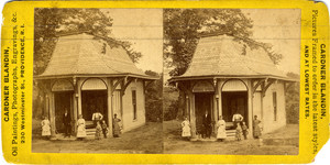 Stereograph of a group of people in front of an Aetna Mineral Springs building entrance, location unknown, ca. 1885