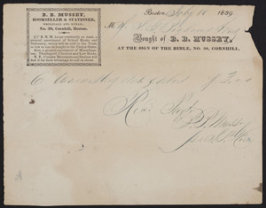 Billhead for B.B. Mussey, bookseller & stationer, No. 29 Cornhill, Boston, Mass., dated July 10, 1839