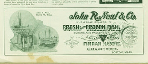 Advertisement for John R. Neal & Co., fresh and frozen fish, 21, 22 & 23 T Wharf, Boston, Mass., 1901