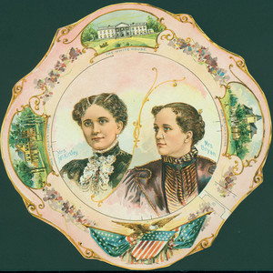 Paper china plate featuring Mrs. McKinley and Mrs. Bryant, 1886