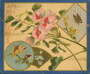 Christmas card, featuring flowers and insets of a butterfly and fish, 1880