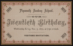 Invitation for the Plymouth Sunday School, twentieth birthday, location unknown, November 5, 1879