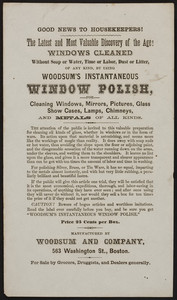 Circular for Woodsum's Instantaneous Window Polish, Woodsum and Company, 563 Washington Street, Boston, Mass., undated