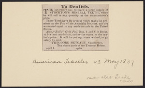 Advertisement for Stockton's Mineral Teeth, Theodore Metcalf, apothecary, Boston, Mass., April 4, 1837