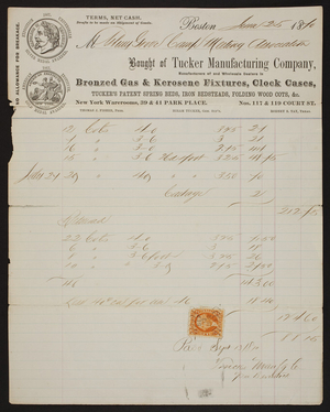 Billhead for Tucker Manufacturing Company, bronzed gas & kerosene fixtures, clock cases, Nos.117 & 119 Court Street, Boston, Mass., dated June 25, 1870