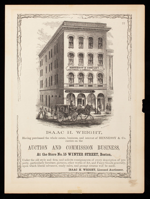 Advertisement, Isaac H. Wright, auction and commission business, No. 15 Winter Street, Boston, Mass.